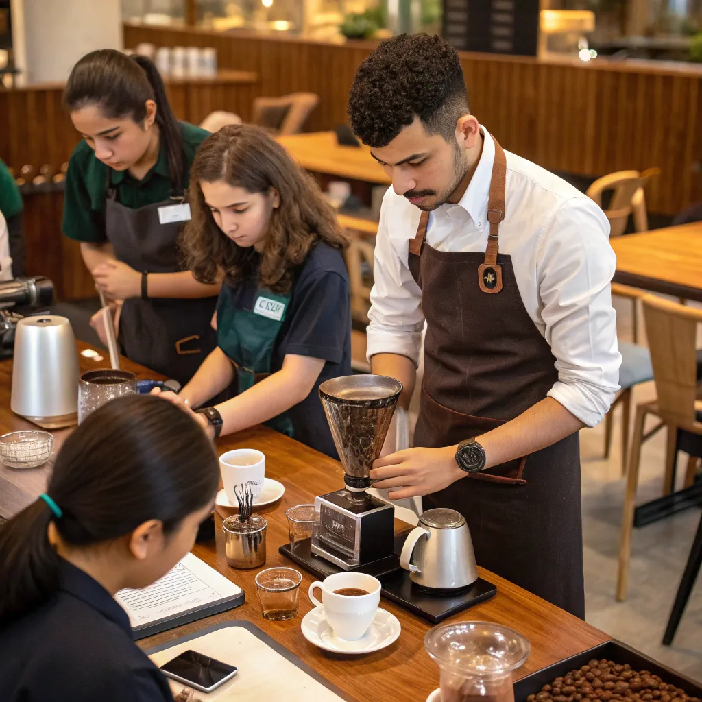 Students learning coffee preparation skills